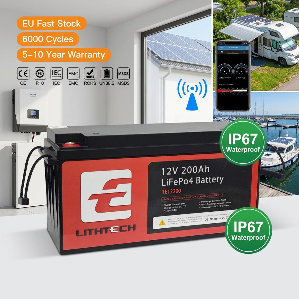 High Safety 12V 200Ah Deep Cycle Bluetooth BMS RV Marine Solar Long Life Lightweight Fast Charging 12V LiFePO4 Battery Pack