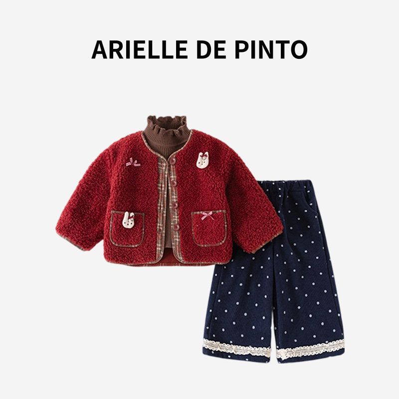French Arielle De Pinto Girls Winter Outfit Set: Rabbit Plush Coat, Polka Dot Pants, Three-Piece Set Three-piece suit 140