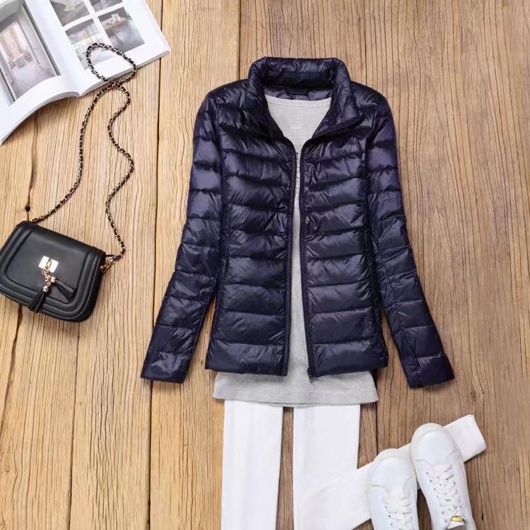 Women's Autumn and Winter Large Size Short Standing Collar Jacket Warm Slim Zipper Top Free Storage Bag