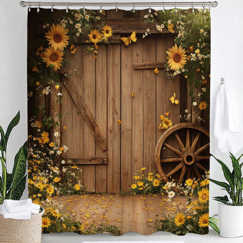1pc Country Farm Barn, Flower Sunflower Print Waterproof Shower Partition Privacy Hanging Curtain with Hooks Machine Washable