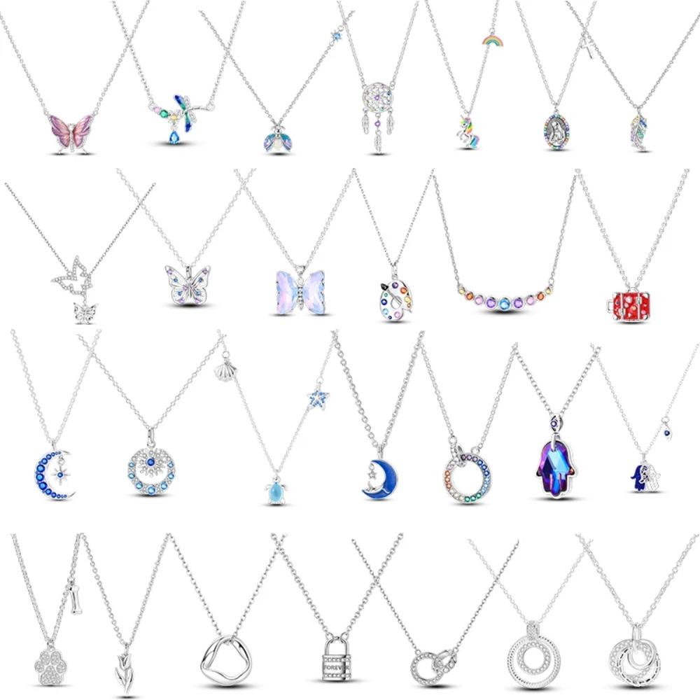925 Silver Lucky Unicorn Necklace with Butterfly Firefly Bear Paw Print Zircon Chain Link Heart Jewelry for Women