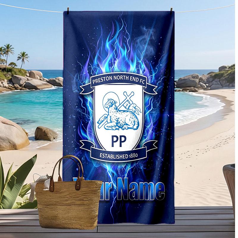 Preston North End Personalisiertes Bedrucktes Strandtuch Fußballlogo Unterstützung Benutzerdefinierter Name Text Saugfähiges Handtuch für Sport Reisen Besonderes Geschenk