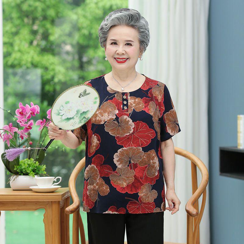 Summer Outfit: Short-Sleeve Top & Pants Set for Women in Their 60s and 70s - Cotton Silk Blend for Middle-Aged and Elderly Comfort
