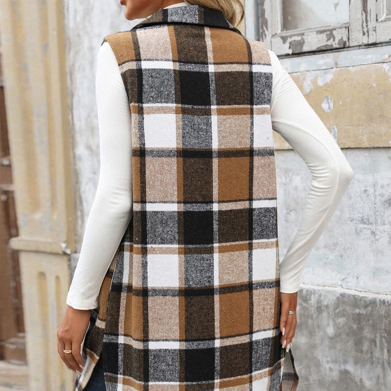 Women's Fashion Trend Vests for Autumn and Winter Contrasting Stripes Checkered Button Up Sleeveless Cardigans