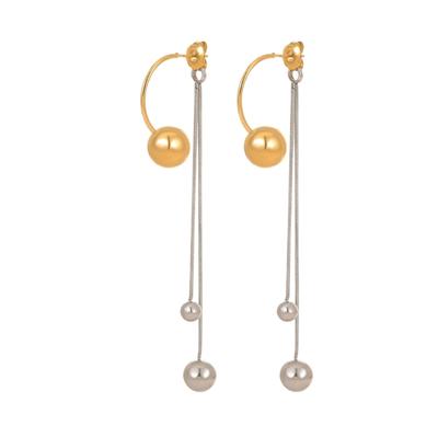 Fashion Tassels Earrings with Metal Balls Color Block Design Stainless Steel Texture Drop Earrings for Stylish Wear