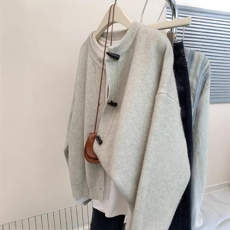 Gray horn buckle knitted cardigan women's early autumn loose soft waxy outer sweater jacket top