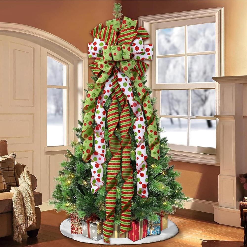 Large Green Bow Christmas Tree Topper Bow Wreath Linen Bowknot Decorations Ornaments