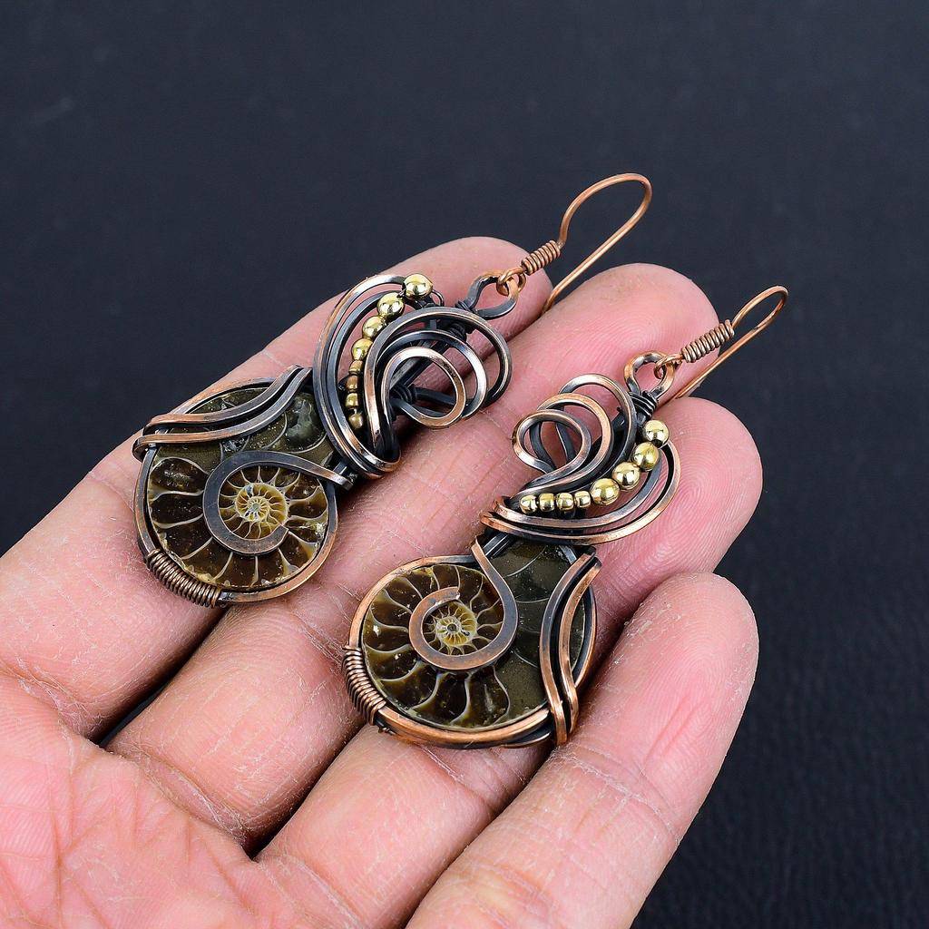 Ammonite Fossil Earrings, 999 Copper Wire Wrapped Earrings, Handmade Gemstone Jewelry Earrings For Memorial Day