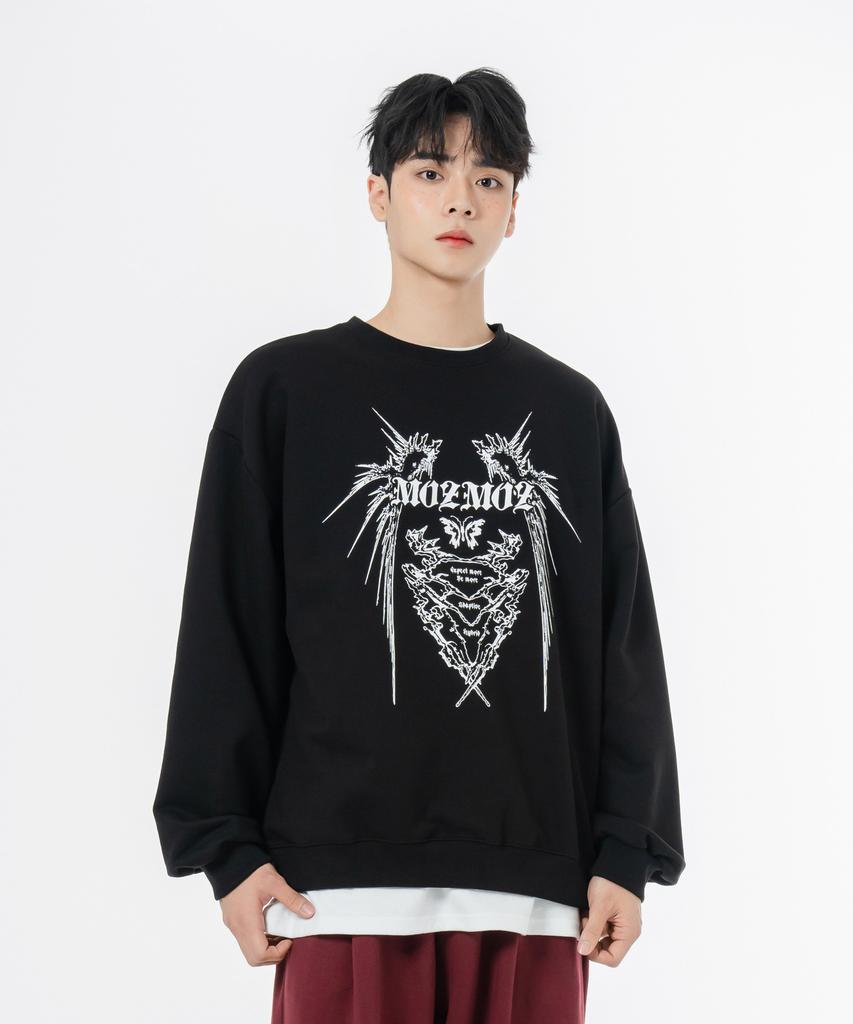 MOZMOZ Soft French Terry Neo Tribal Oversized Sweatshirt Black