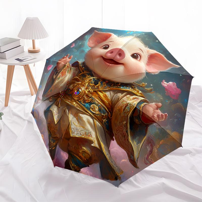 1 Pezzo Ombrello Pieghevole Automatico - Fantasia Maialino, Design Portatile e Pieghevole con 8 Stecche, Regali di Natale e Compleanno
