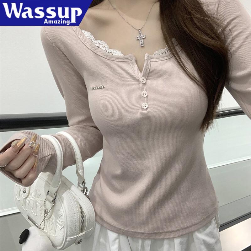 WASSUP AMAZING Women's Lace-Trimmed Button-Up Long Sleeve Tee