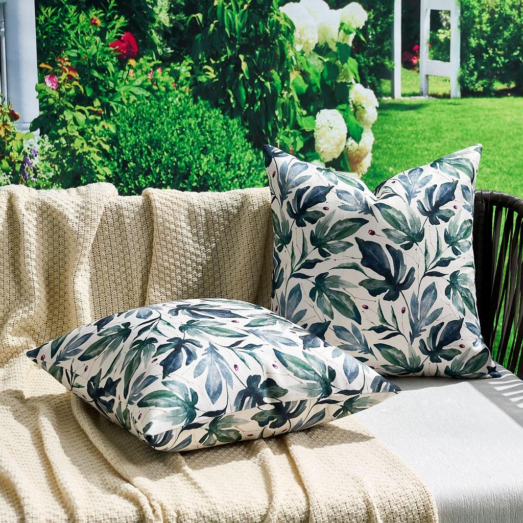 2 Pack White Green Tropical Leaf Pillow Covers Double Sided Print Watercolor Outdoor Cushion Cases Home Decor