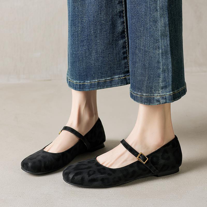 

Krazing Pot Cow Skin Summer Spring Autumn Winter Flats Buckle Straps Leopard Women Keep Warm Round Toe Mary Janes Shallow Shoes 34 чёрный