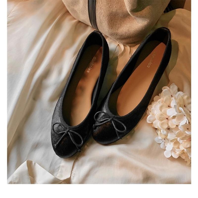 

Кожа конский волос классический круглый носок легкий вырез универсальный бант леопардовый принт плоская подошва женские весна и осень 40 чёрный