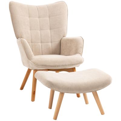 Akzentstuhl mit Hocker, Sessel in Cordoptik, Sessel mit Holzbeinen, für Wohnzimmer, Beige