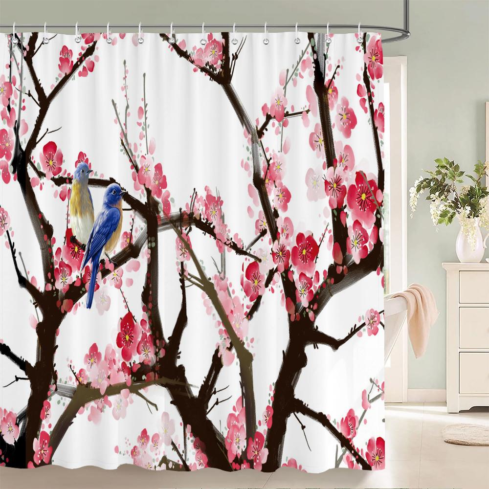 Chinese Style Flower and Birds Tree Shower Curtains Bath Curtain Waterproof Bathroom Decor With Hooks 3d Printing Bath Curtain