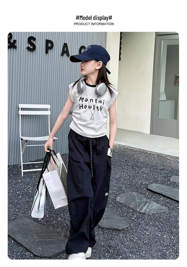 Girls' Korean Style Sleeveless T-shirt & Wide-Leg Pants Set - Casual Summer Street Dance Outfit