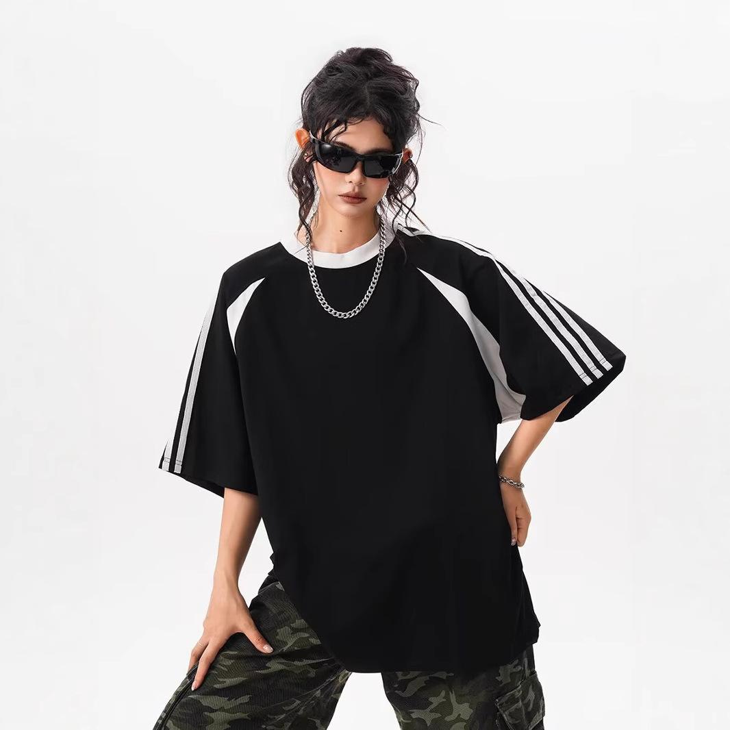 

Summer Short-sleeved American Retro Striped Heavy T-shirt Small Neckline Casual Five-point Sleeve Couple Top 2XL