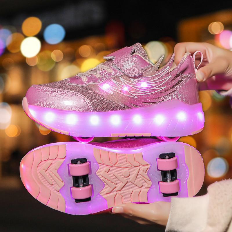 TUINANLE LED Luminous Children's Rechargeable Running Shoes with Wheel Skates Multi Light Breatheable Boy Girl