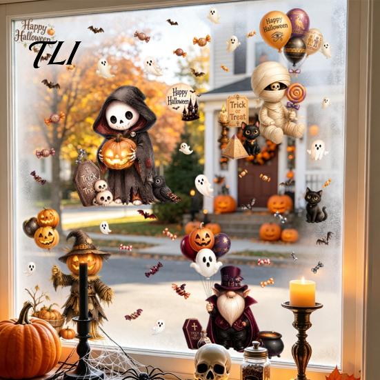 Outdoor Balcony Scene Setting 4Pcs Halloween Cartoon Window Clings, Pumpkin Ghost Scarecrow Stickers, Decorative Glass Decals for Party