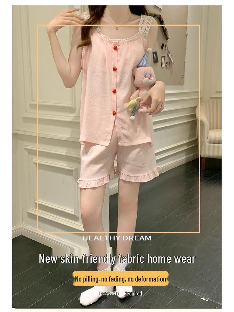 2026 Summer Women's Pajama Set: Built-in Bra Cloud Cotton Camisole with Round Neck, Princess Style