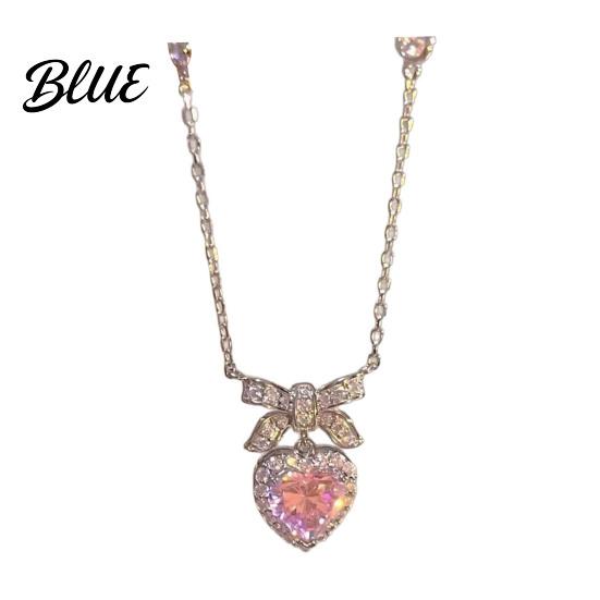 Women Heart Necklace Sparkling Rhinestones Bow Design Romantic Gift Pendant