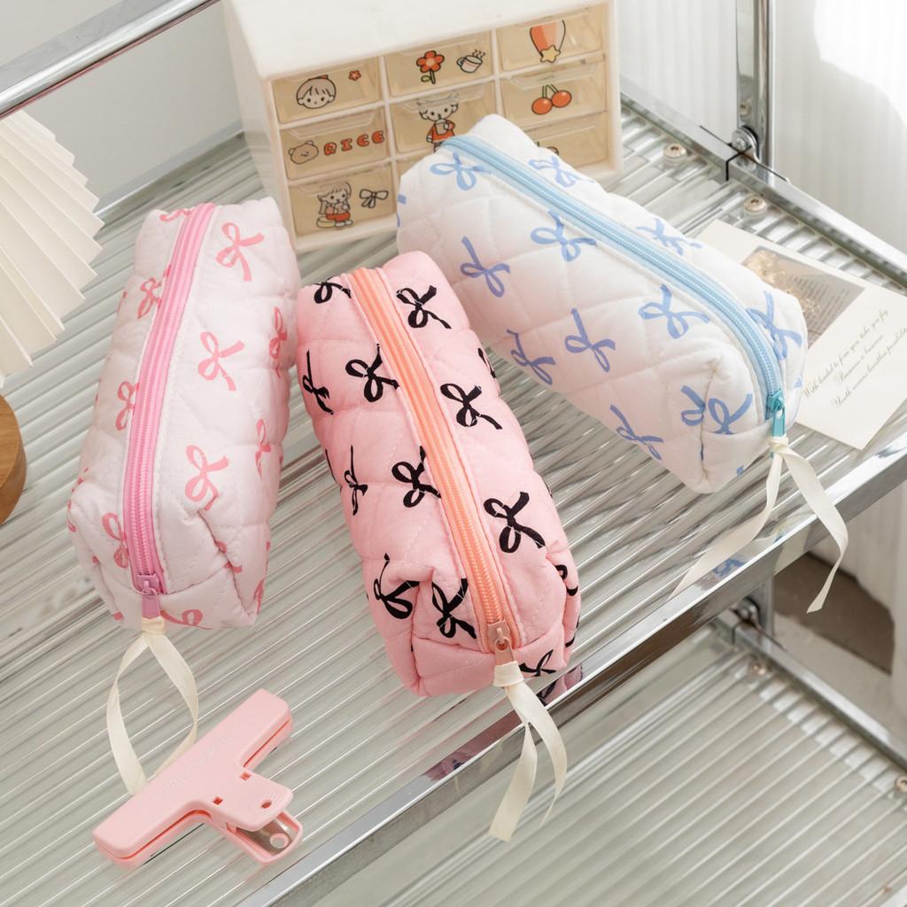 Large Capacity Fabric Pencil Bag With Bow Pattern For Students And Organization
