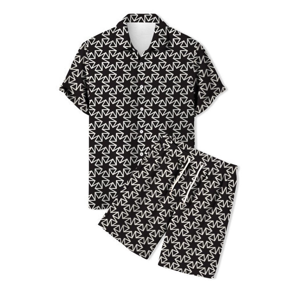 New Men's Camouflage Short Sleeved Shirt with Collar and Shorts 3D Leopard Print Hawaiian Beach Style