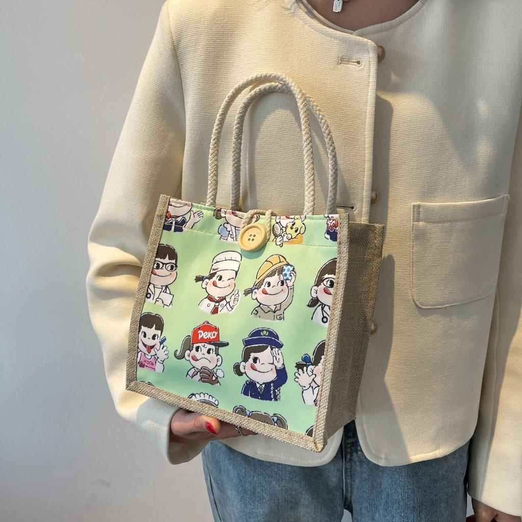 Cartoon Lunch Box Bag for Women Linen Tote Bag for Going Out Durable Makeup Storage Bag for Summer Hand-carrying Canvas Shopping Bag