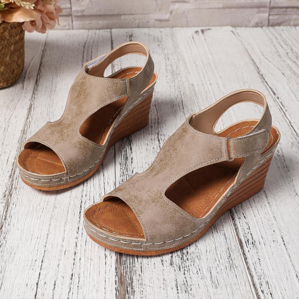 Fashion New 2025 European and American export large-sized sandals with stitching, breathable Velcro and hollowed-out wedge heels