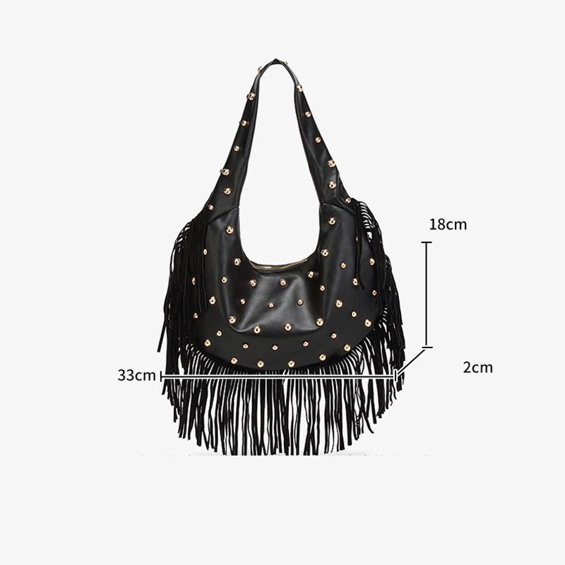 Yogodlns Fashion Personality Women's Underarm Bag Retro Leather Texture Tassel Rivet Bag Versatile Simple Trend Shoulder Bag