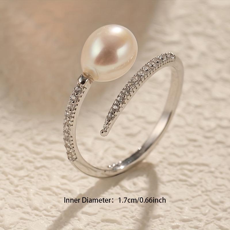 1pc Faux Pearl Geometric Oval Ring, Synthetic Zirconia Adjustable Open Design - Elegant Anniversary Birthday Gift for Women