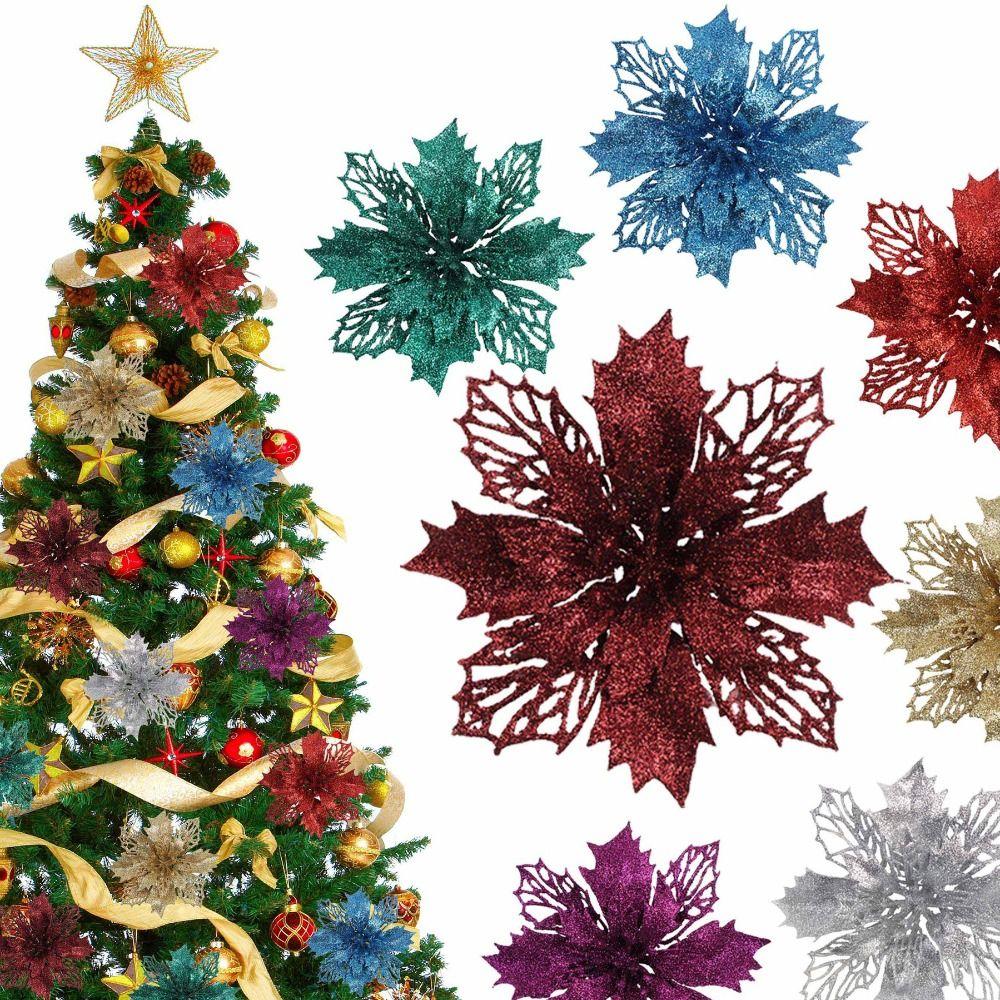 12PCS DIY Decoration Christmas Artificial Flowers 15CM Glitter Fake Flower Christmas Decor