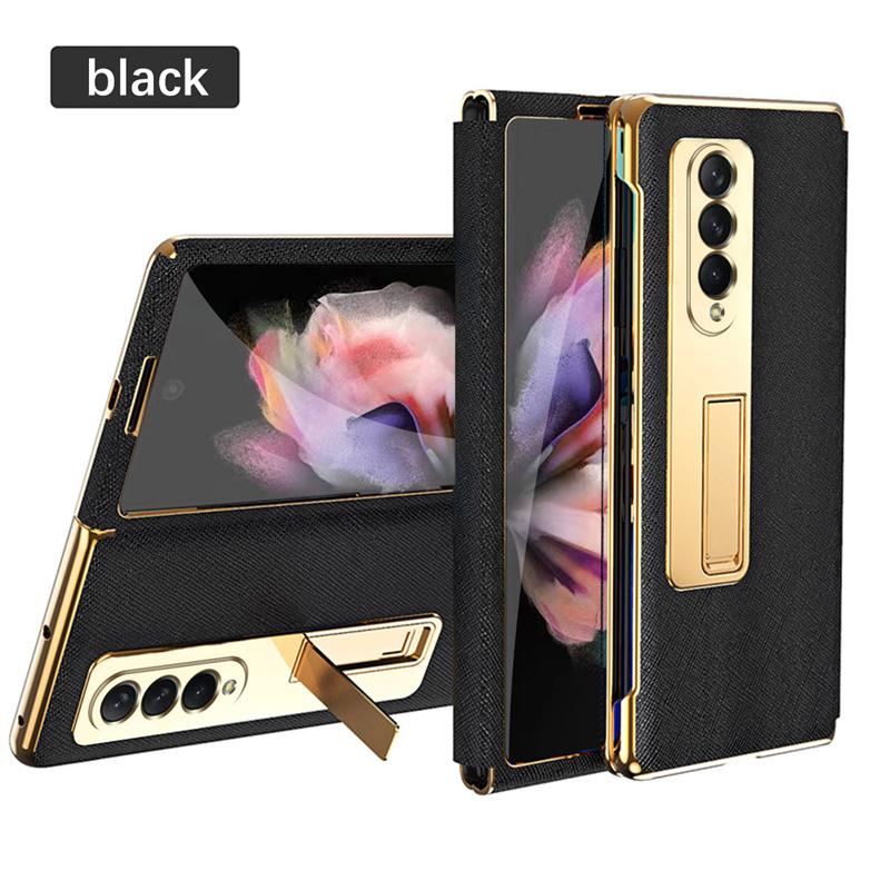 Per Samsung Galaxy Z Fold 5 4 3 2 5G Custodia Lussuosa in Pelle con Cornice Placcata e Cavalletto Pellicola Protettiva per Schermo Frontale