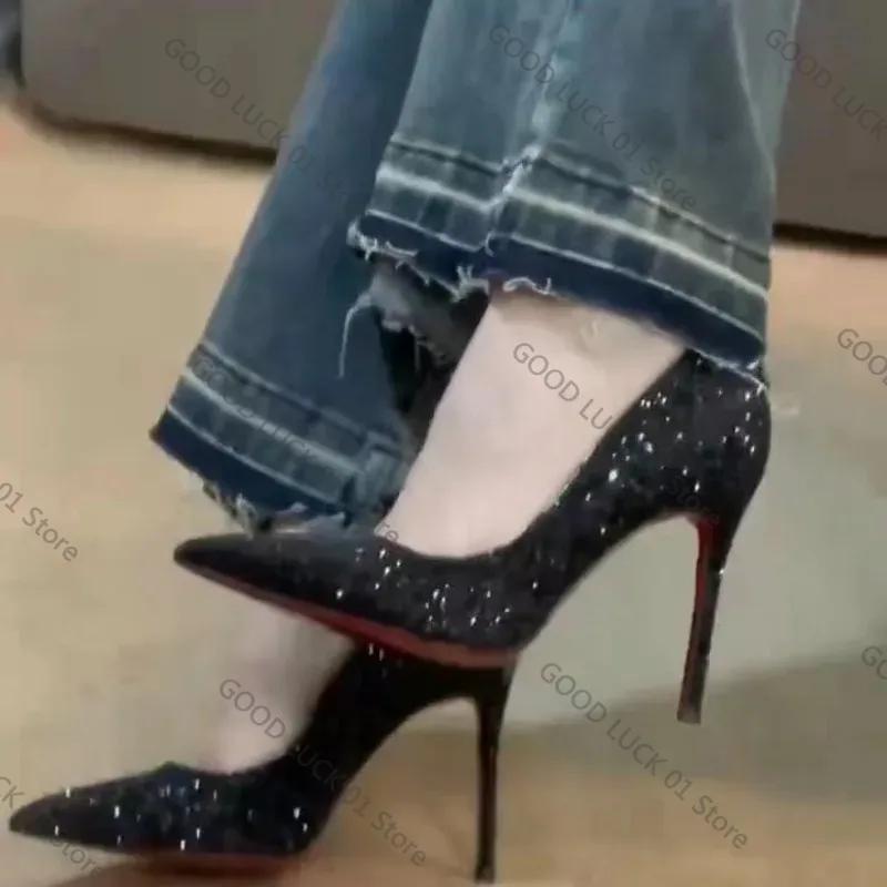 Fashion Fashion European Sexy Nightclub Slim High Heels Oversized Red Sole Women's Wedding Sequin Pointed Stiletto Heels Large Size 43