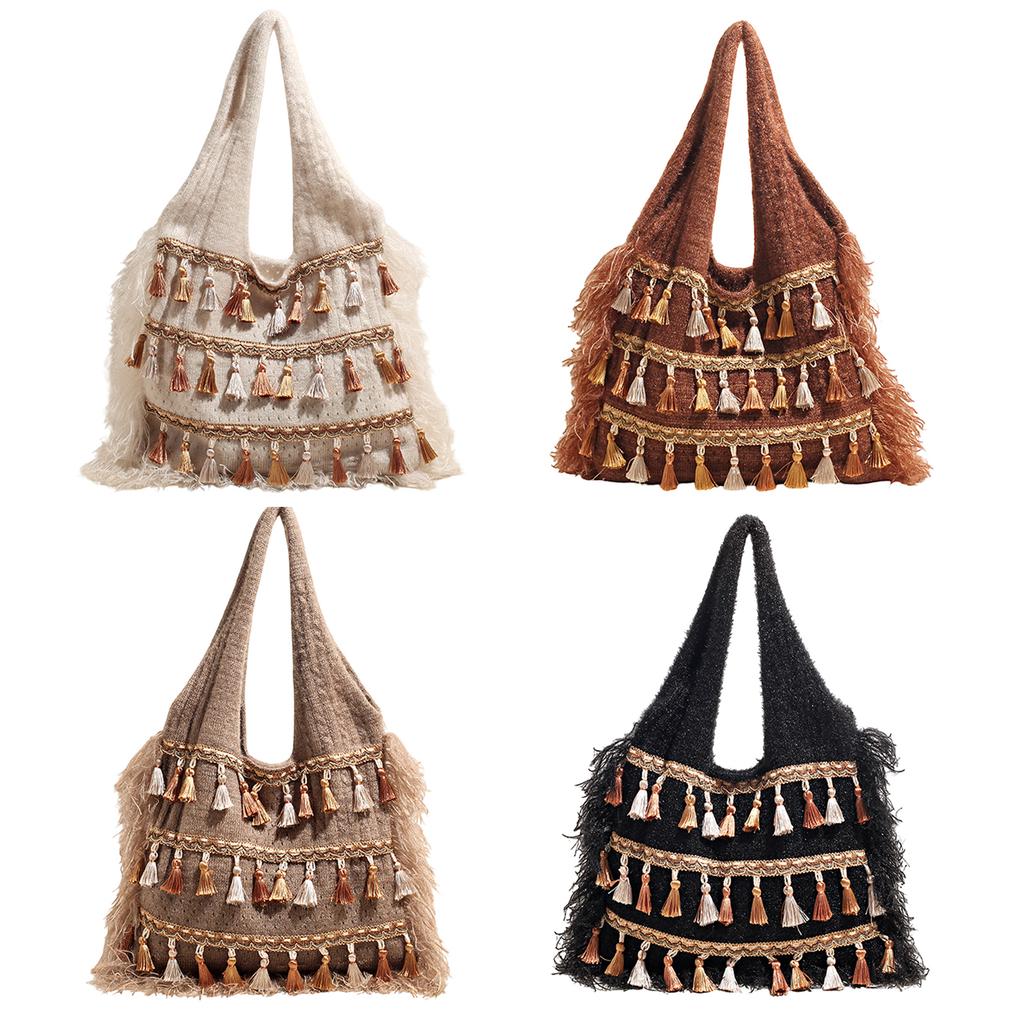 Knit Tassels Hobo Bags Bohemian Underarm Bag Ethnic Style Tote Bags for Women Work Shopping Travel Daily