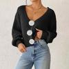 Women's Solid Color Button-Up Cardigan Deep V-Neck Short Loose-Fitting Jacket Casual Top