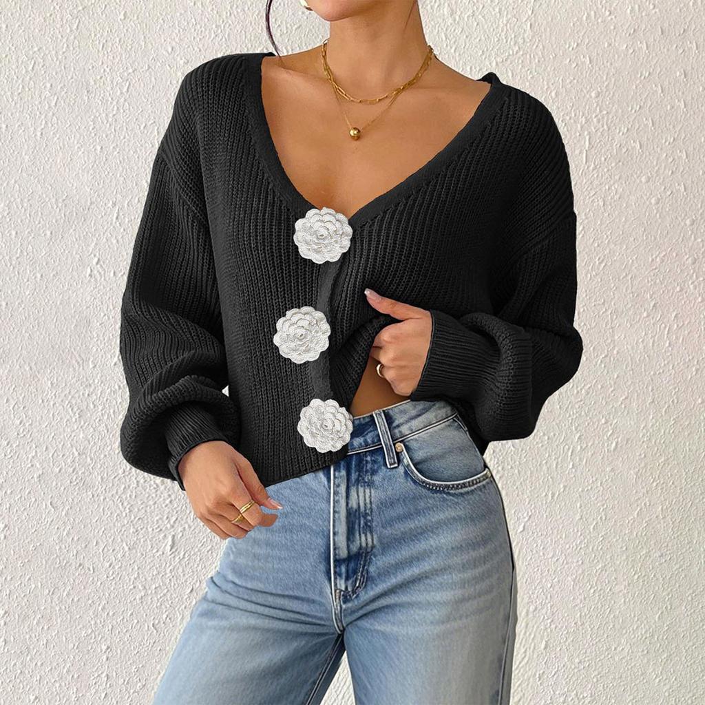 Women's Solid Color Button-Up Cardigan Deep V-Neck Short Loose-Fitting Jacket Casual Top