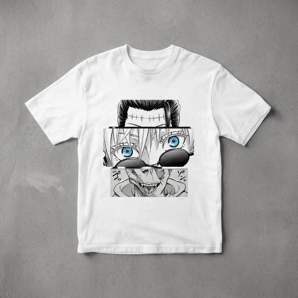 Jujutsu Kaisen Gojo Satoru Six Eyes Split Panel Graphic TShirt Unisex White Anime Streetwear