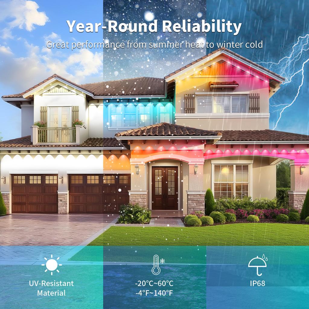 Outdoor RGBIC Lights String IP67 Waterproof Smart LED Eaves Lights with App/Remote Control for Christmas and All Holiday Decor