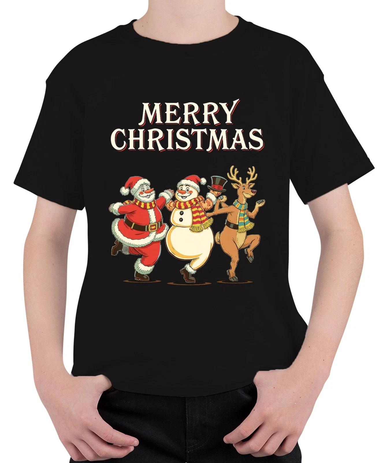 MERRY CHRISTMAS Weihnachtsmann Schneemann Rentier tanzend Vintage Unisex Kinder L