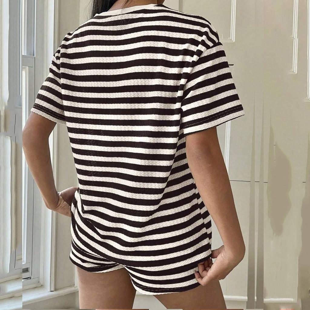 Ladies' Fashion Shirt Casual V-neck Button Short-sleeved Shirt And Shorts Set