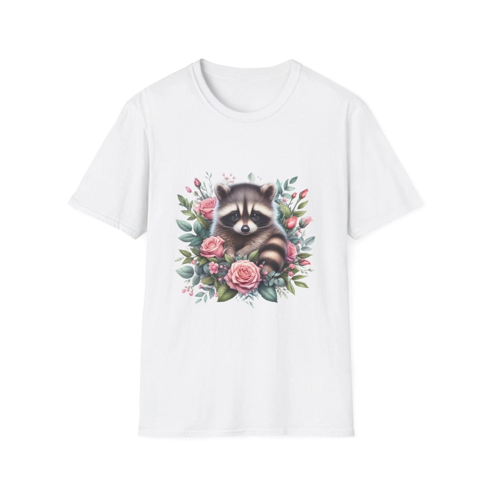 Floral Raccoon T-Shirt, Cute Animal Tee, Nature Lover Gift, Unisex Softstyle 2XL