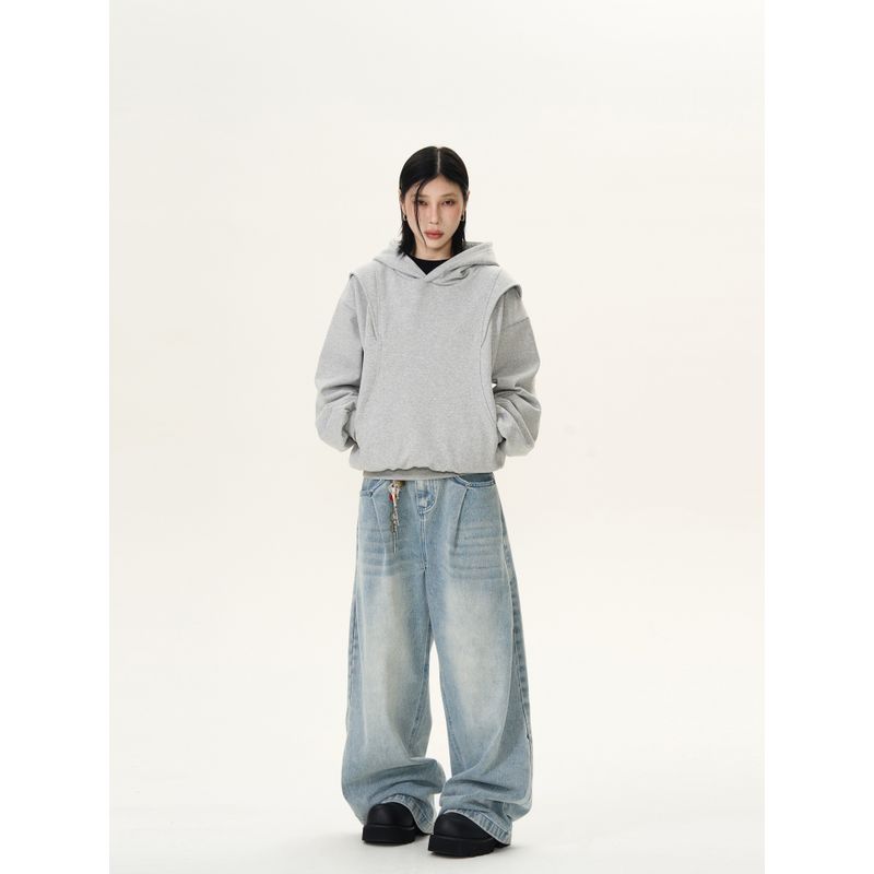 Kisko Deconstructed Patchwork Boxy Commuter Hoodie Unisex American Casual Oversized Cropped Hoodie Jacket Trendy