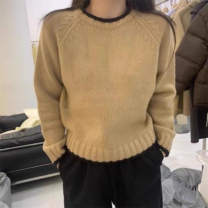 Crew neck color matching pullover sweater women's autumn and winter new loose and thin long-sleeved knitted sweater outer top