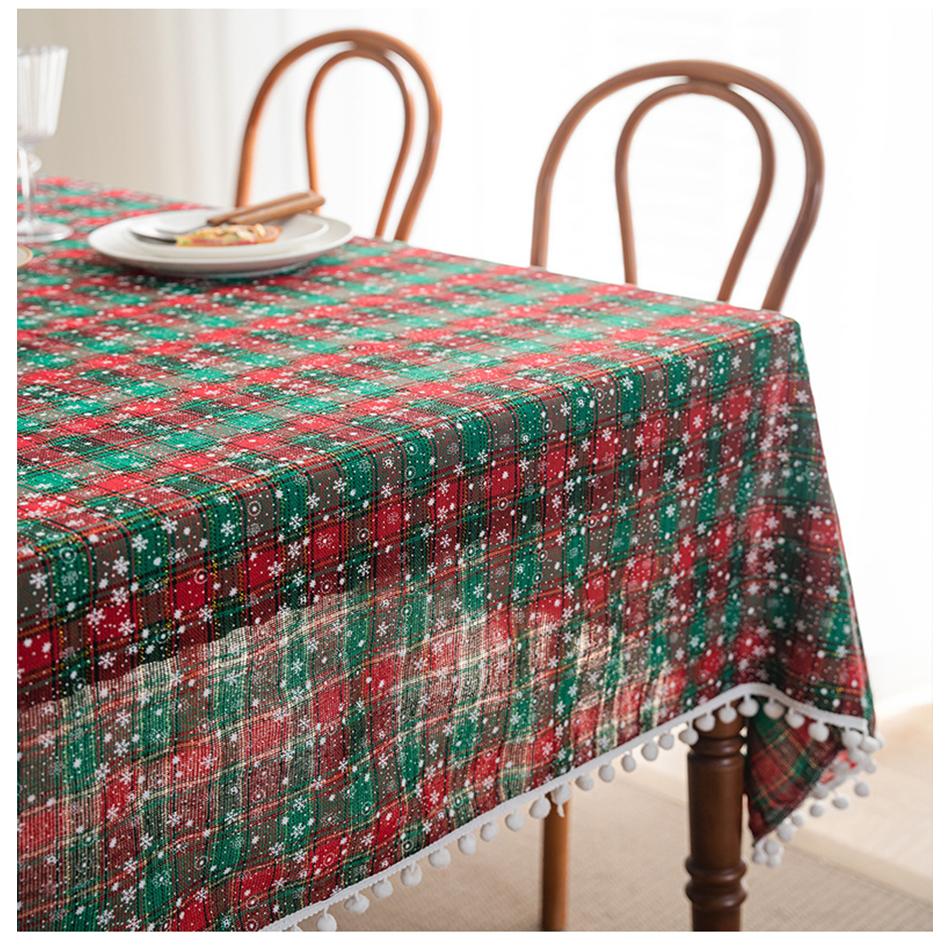 Christmas Red Grid Tablecloth White Snow Ornamental tassel Table Vintage Dining Table Cover For kitchen Party Birthday Decor