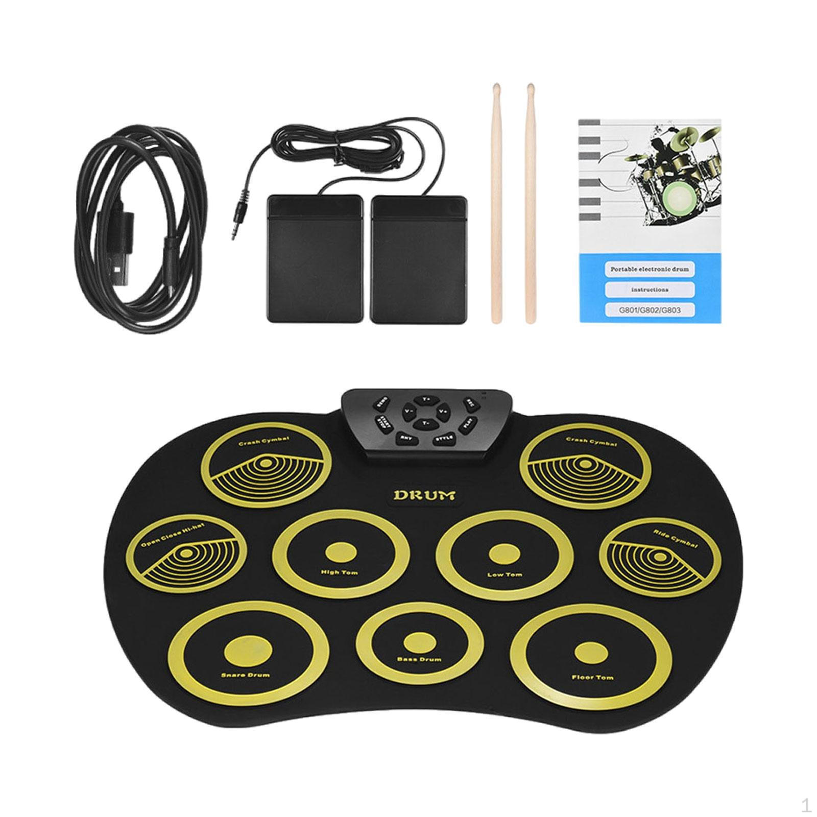 

9 Pads Roll up Drum Kit for Learning Boys Girls Easy to Carry Lightweight with Foot Pedals жовтий