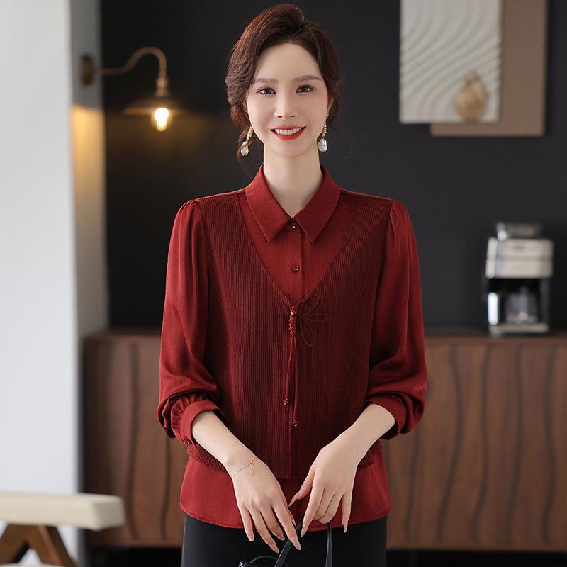 Women's Fashion Splicing Long Sleeve Two-Piece Shirt - Spring 2025 Collection for Middle-Aged Mothers