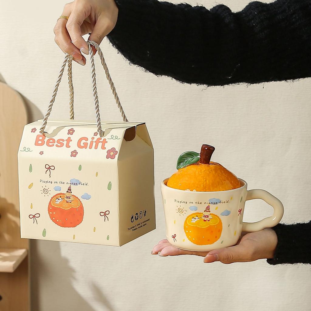Cute Girl Little Orange with Lid Ceramic Cup Small Gift Set High Temperature Resistant Girls Office Mug Gift Box Set