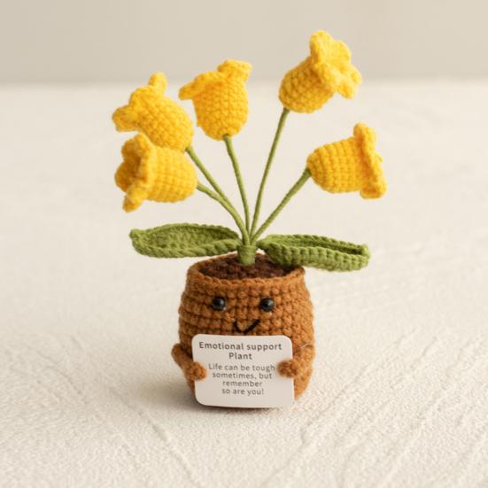 Heklet potteplante med positivt kort Emosjonell støtte Håndlaget strikket potteplante Dukke Stressreduserende leketøy Skrivebordsdekorasjon Ornament